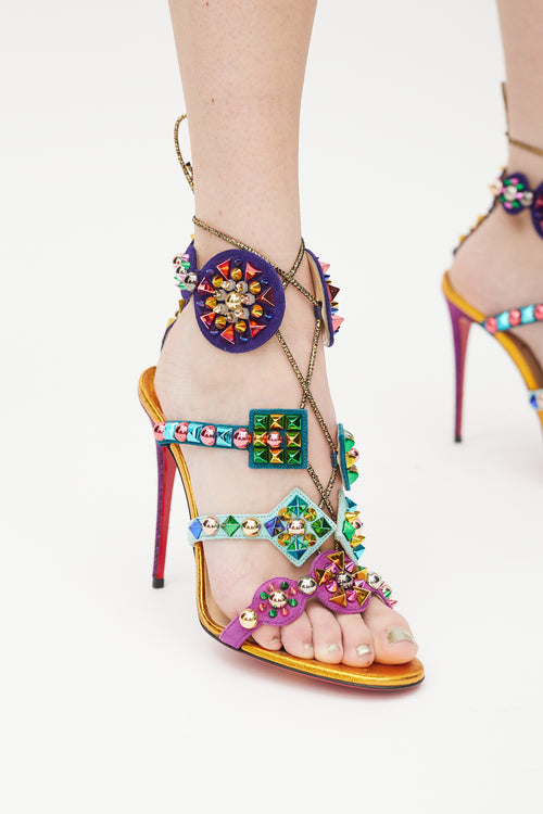 Christian Louboutin Orange & Multicolour Kaleikita Metallic Studded Sandal