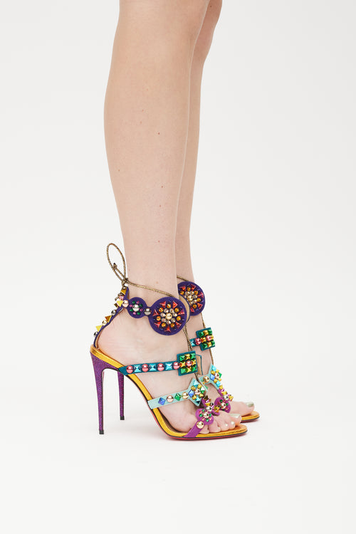 Christian Louboutin Orange & Multicolour Kaleikita Metallic Studded Sandal