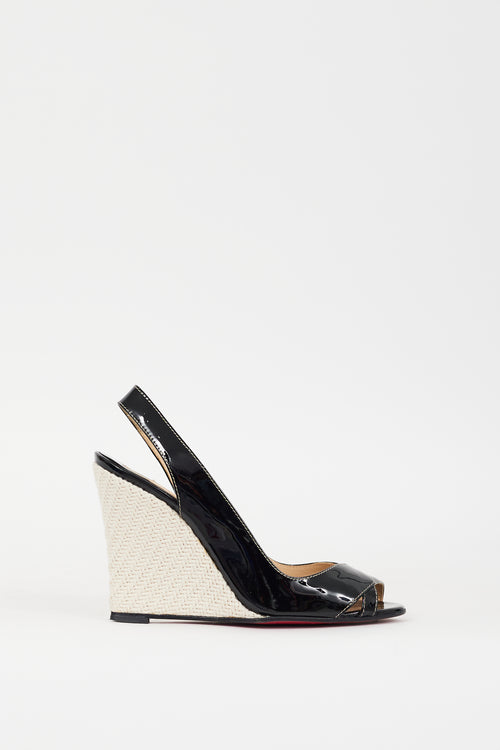 Christian Louboutin Black & Cream Patent Leather Slingback Wedge