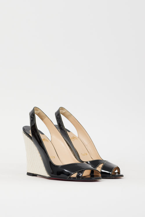 Christian Louboutin Black & Cream Patent Leather Slingback Wedge