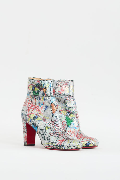Christian Louboutin Silver & Multi Graffiti Sequin Moulamax Boot
