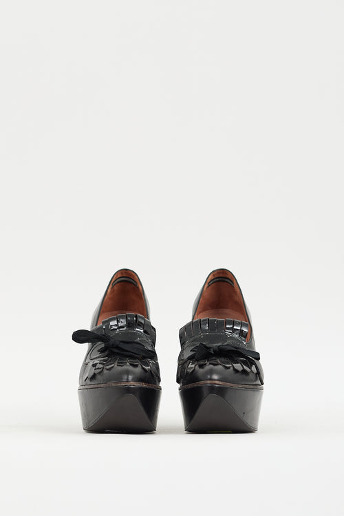 Clergerie Black Leather Fringed Platform Wedge Heel