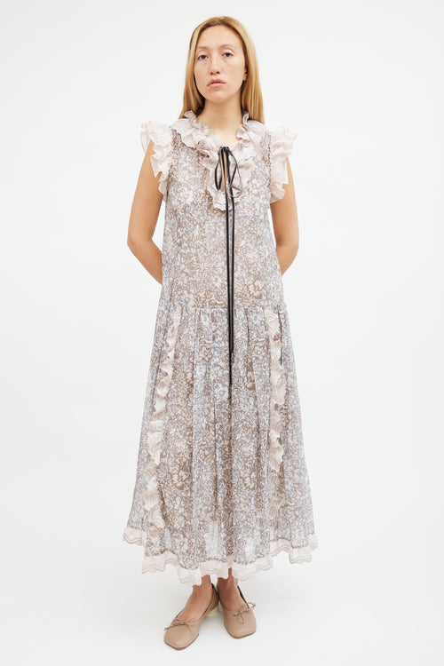 Coach Pink & Grey Metallic Floral Tiered Maxi Dress