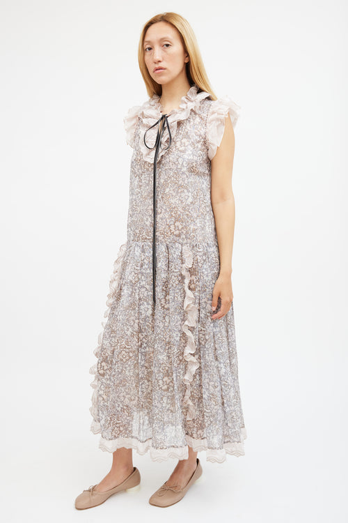 Coach Pink & Grey Metallic Floral Tiered Maxi Dress