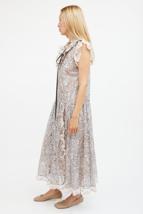 Coach Pink & Grey Metallic Floral Tiered Maxi Dress