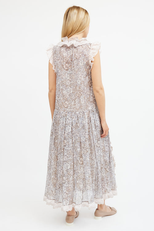Coach Pink & Grey Metallic Floral Tiered Maxi Dress