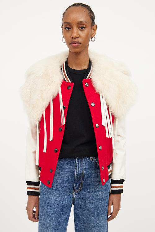 Red & Multicolour Fur Trim Varsity Jacket