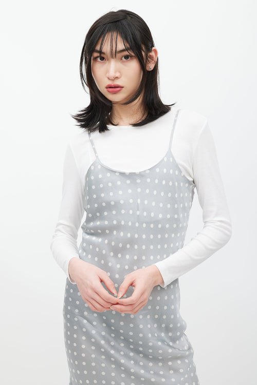 Comme des Garçons Grey & White Silk Polka Dot Dress