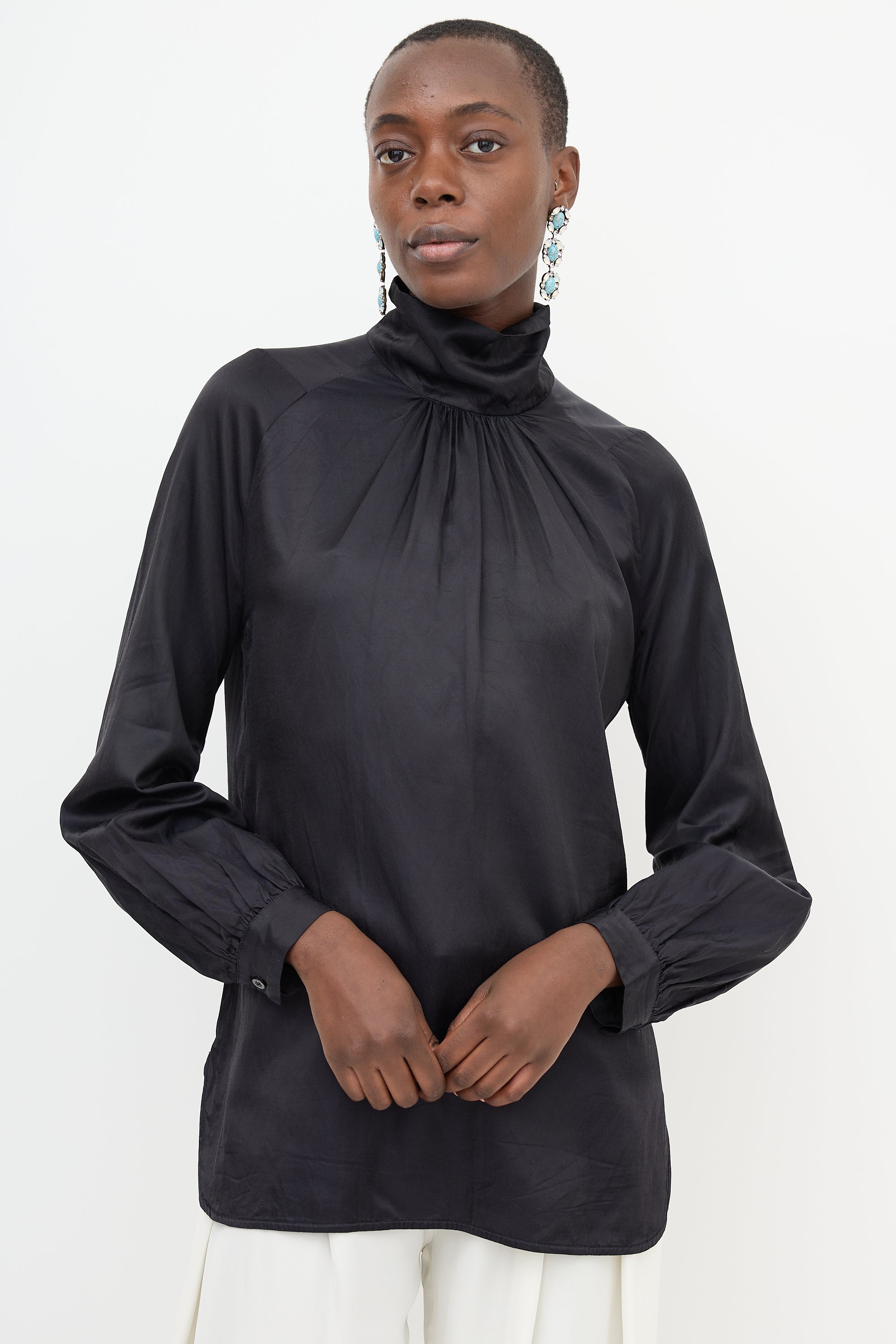 Dries Van Noten Satin Mock Neck Blouse