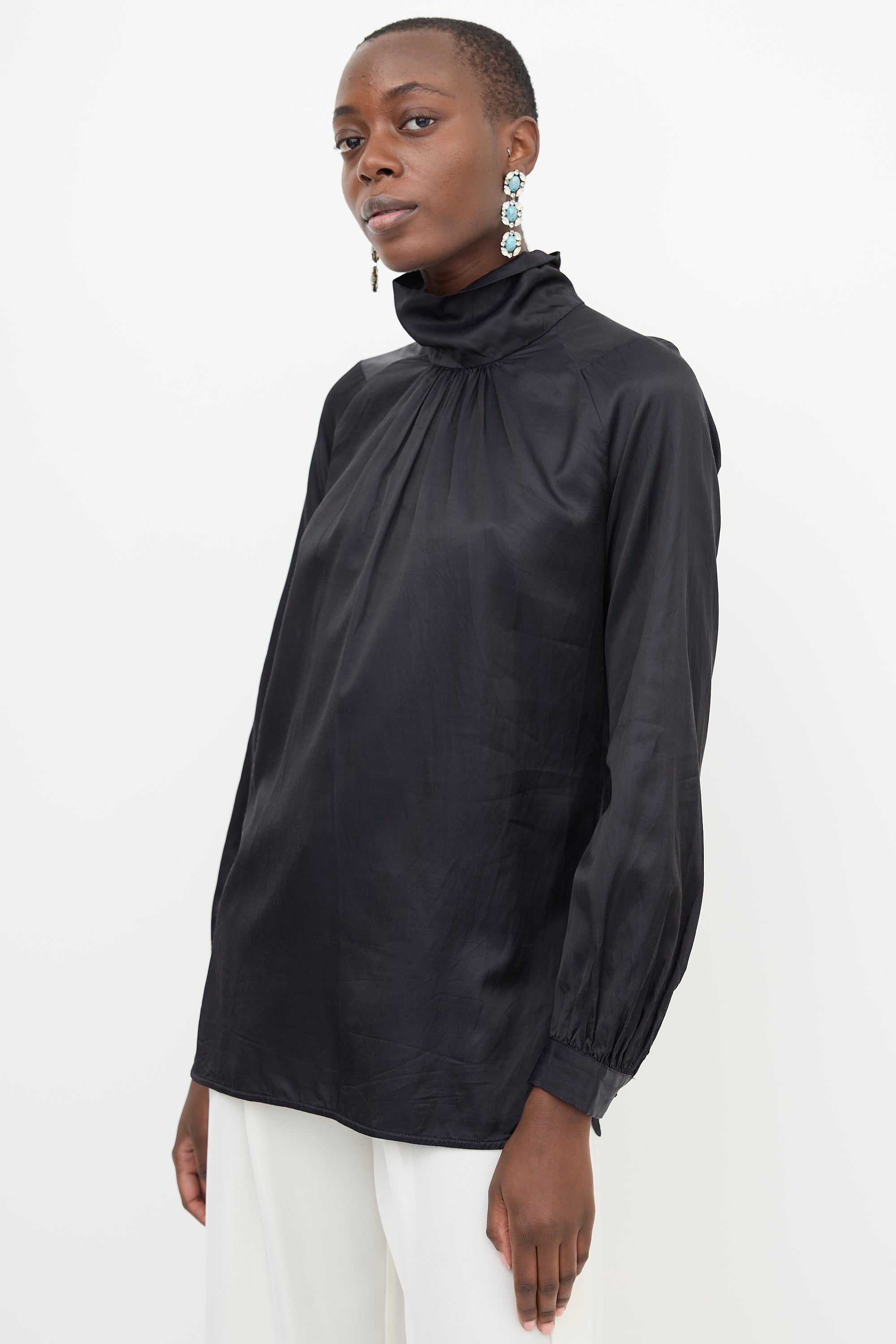 Dries Van Noten Satin Mock Neck Blouse