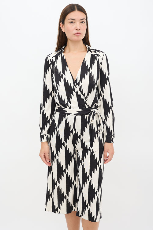 Black & Cream Silk Abstract Wrap Jumpsuit