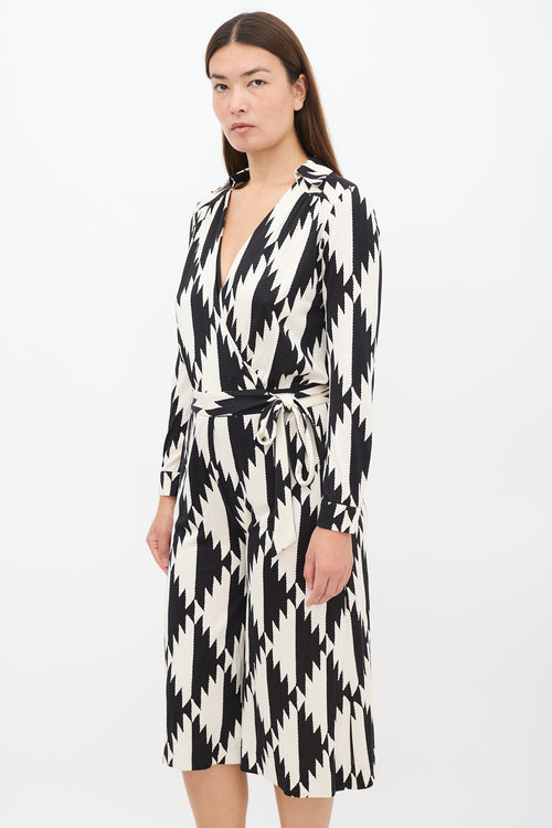 Black & Cream Silk Abstract Wrap Jumpsuit