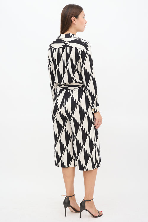 Black & Cream Silk Abstract Wrap Jumpsuit