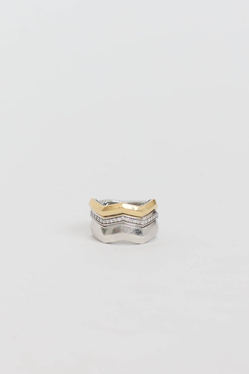 David Yurman Sterling Silver & 18K Yellow Gold Diamond Zig Zag Stax Ring