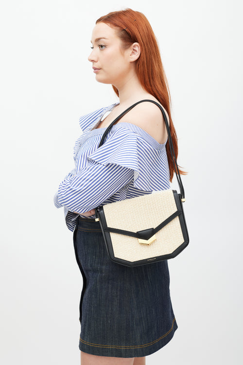 Demellier Black & Beige Leather Raffia London Bag