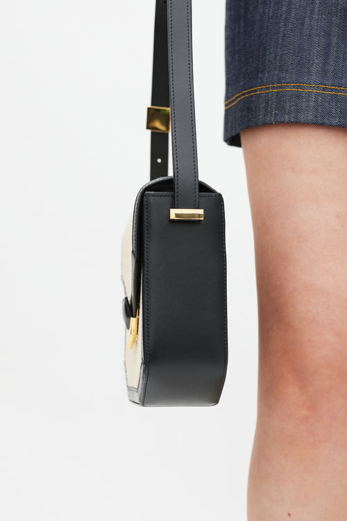 Demellier Black & Beige Leather Raffia London Bag
