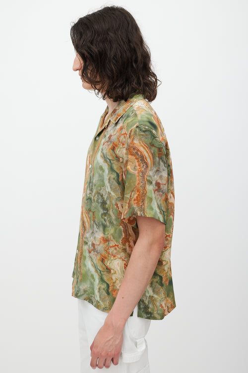 Deveaux Green & Brown Silk Marble Printed Shirt
