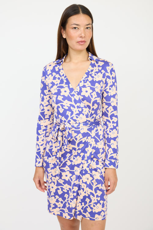 Diane von Furstenberg Blue & Pink Silk Floral Wrap Dress