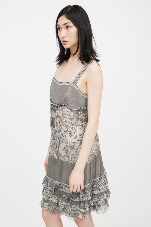 Diane von Furstenberg Grey & Beige Lace Printed Ruffled Dress