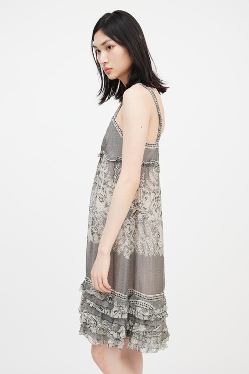 Diane von Furstenberg Grey & Beige Lace Printed Ruffled Dress
