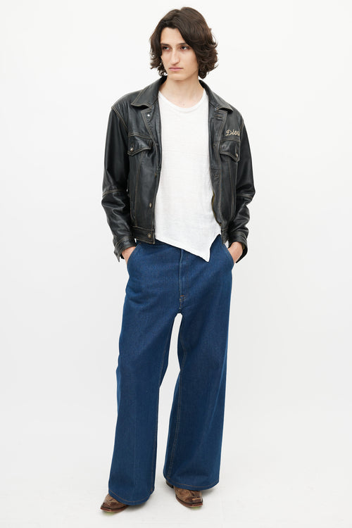 Diesel Black & Multicolour Embroidered Logo Leather Jacket