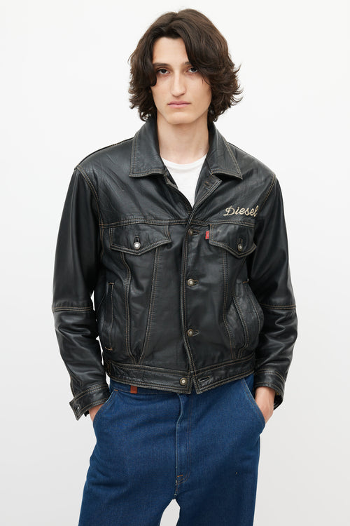 Diesel Black & Multicolour Embroidered Logo Leather Jacket