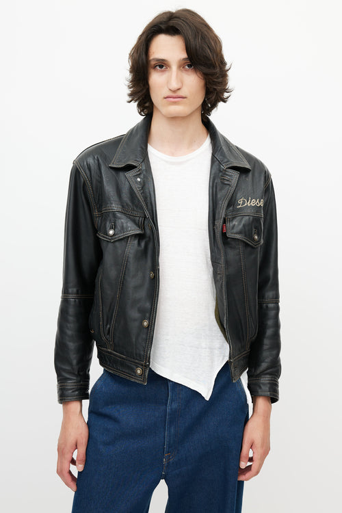 Diesel Black & Multicolour Embroidered Logo Leather Jacket
