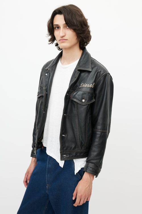 Diesel Black & Multicolour Embroidered Logo Leather Jacket