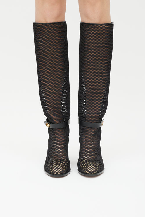 Dior Black & Gold Empreinte Mesh Knee Height Boot