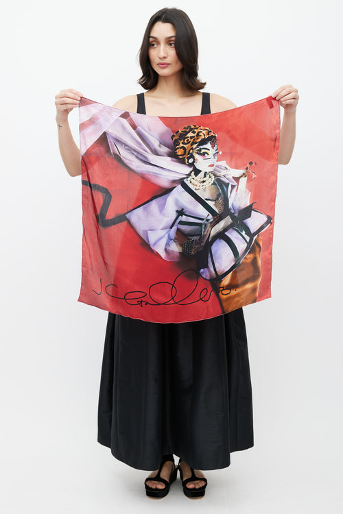 Dior Red & Multicolour Print Scarf