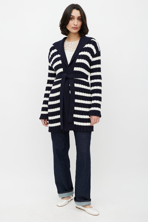 Dior White & Navy Belted Knit Cardigan