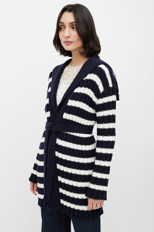 Dior White & Navy Belted Knit Cardigan