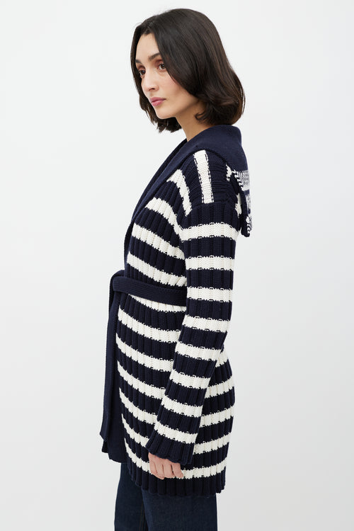 Dior White & Navy Belted Knit Cardigan