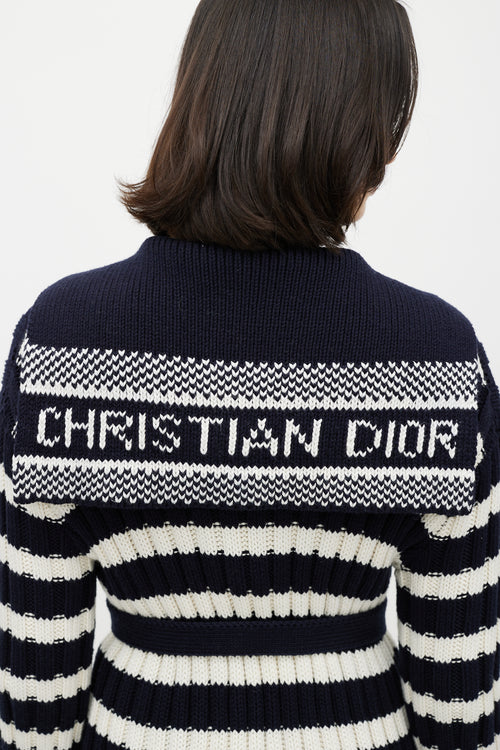 Dior White & Navy Belted Knit Cardigan