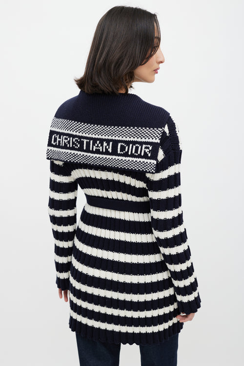 Dior White & Navy Belted Knit Cardigan