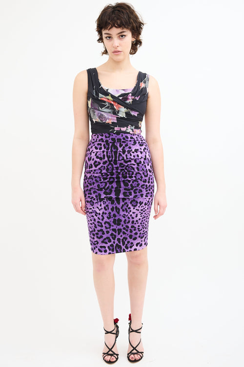 Dolce & Gabbana Black & Purple Silk Draped Printed Dress