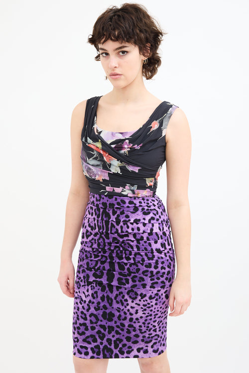 Dolce & Gabbana Black & Purple Silk Draped Printed Dress