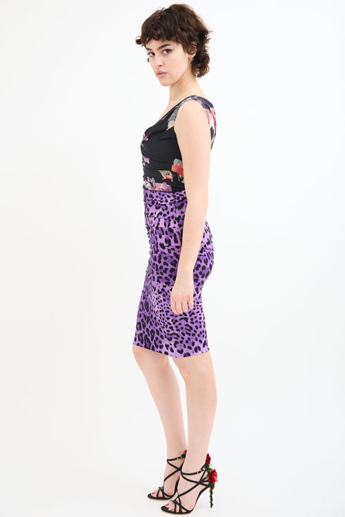 Dolce & Gabbana Black & Purple Silk Draped Printed Dress