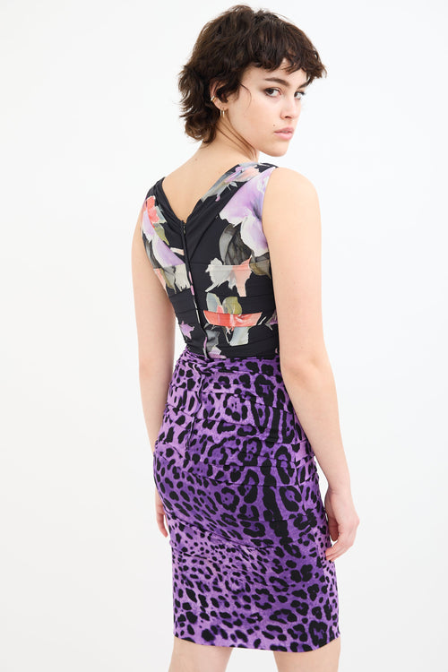 Dolce & Gabbana Black & Purple Silk Draped Printed Dress