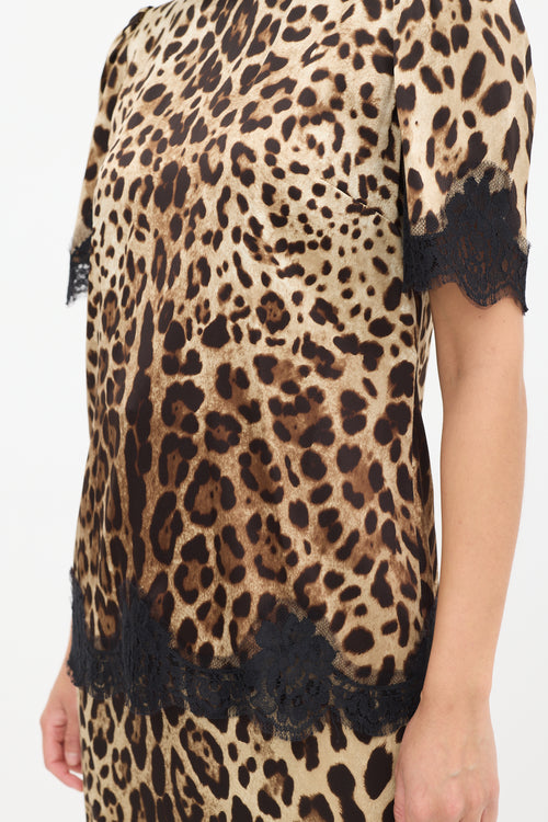 Dolce & Gabbana Beige & Brown Silk Printed Lace Trimmed Top