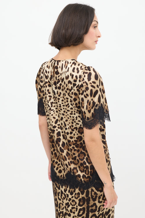 Dolce & Gabbana Beige & Brown Silk Printed Lace Trimmed Top