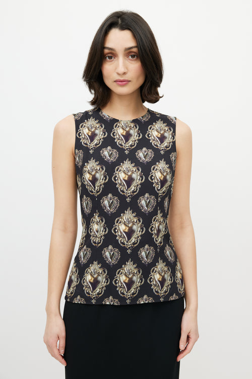 Dolce & Gabbana Black & Gold Heart Crest Sleeveless Blouse