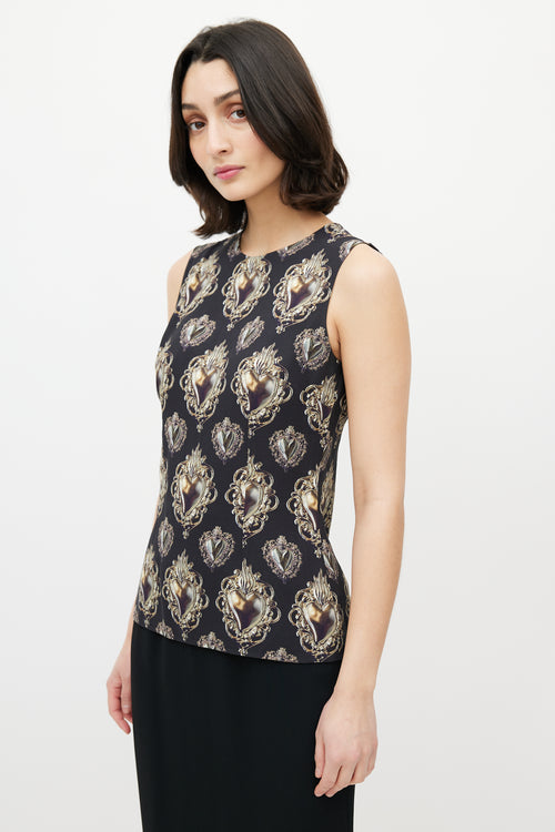 Dolce & Gabbana Black & Gold Heart Crest Sleeveless Blouse