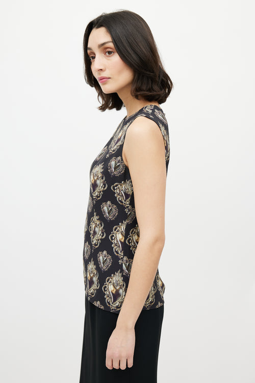 Dolce & Gabbana Black & Gold Heart Crest Sleeveless Blouse