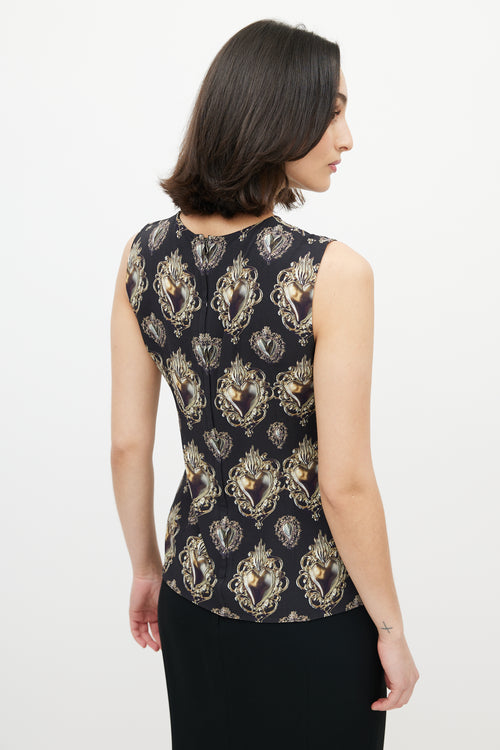 Dolce & Gabbana Black & Gold Heart Crest Sleeveless Blouse