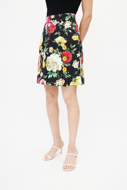 Dolce & Gabbana Black & Multi Floral Buttoned Skirt