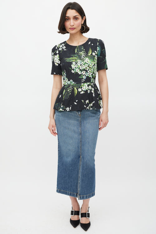 Dolce & Gabbana Black White & Green Floral Brocade Peplum Top