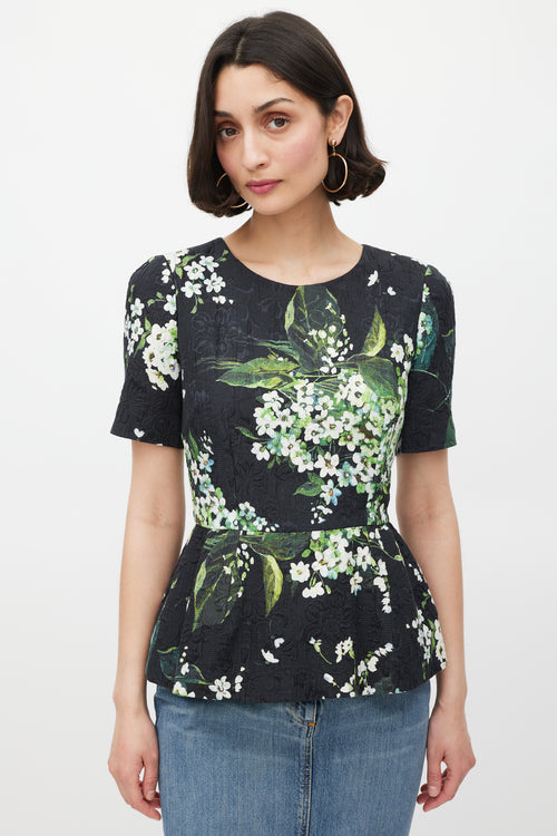 Dolce & Gabbana Black White & Green Floral Brocade Peplum Top