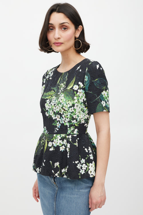 Dolce & Gabbana Black White & Green Floral Brocade Peplum Top