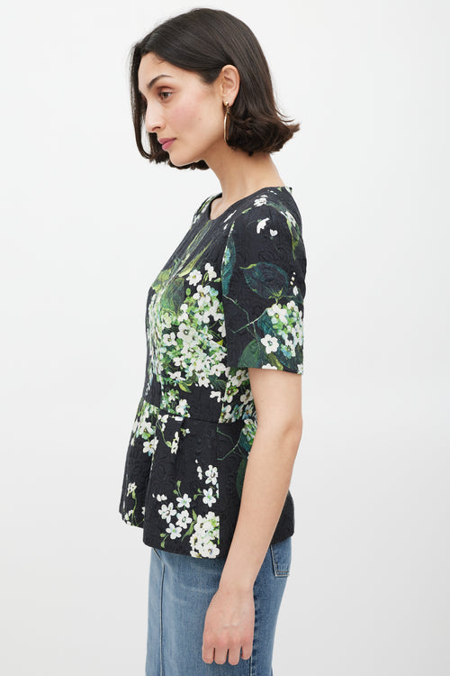 Dolce & Gabbana Black White & Green Floral Brocade Peplum Top